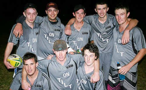 On Tilt (front, from left) Brad Rose, Brendan Landrigan, Jamie Saunders, (back) Jake Kitching, captain Anthony Dyson, Damien Clarke, Jacob Low and Jack Wright won B-grade men’s touch. On Tilt (front, from left) Brad Rose, Brendan Landrigan, Jamie Saunders, (back) Jake Kitching, captain Anthony Dyson, Damien Clarke, Jacob Low and Jack Wright won B-grade men’s touch.